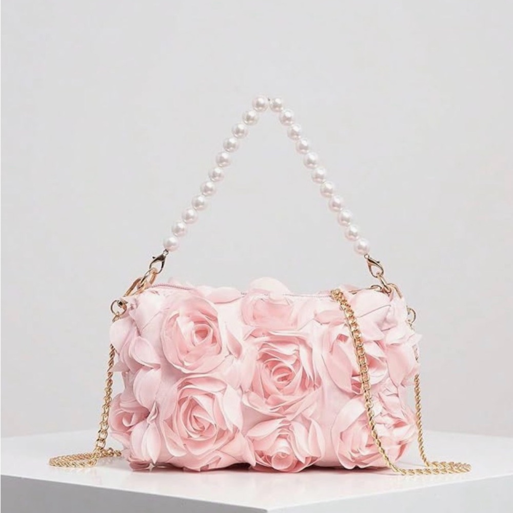 🌸. Elegant Pink Floral Pearl-Handle Handbag - Picture 2 of 4